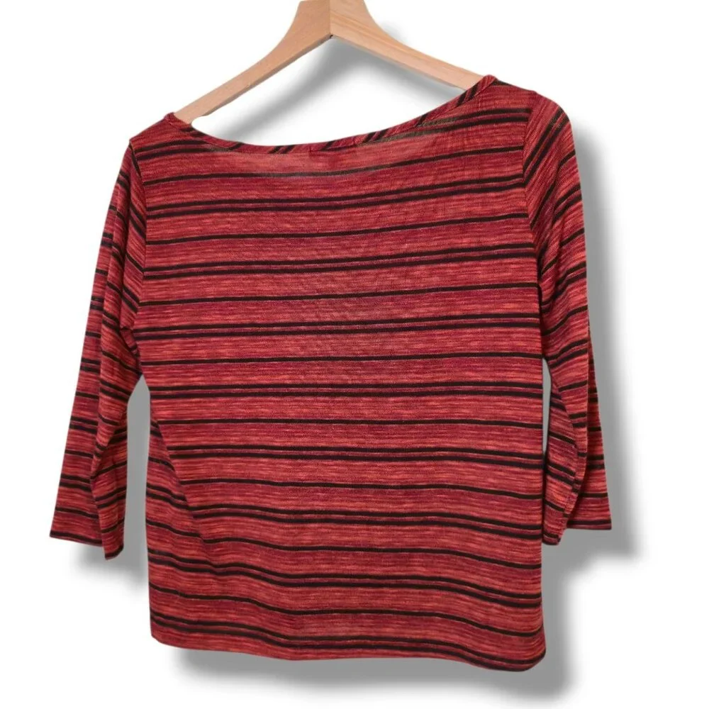 Soprano t-shirt womens Medium Striped pocket red 3/4 sleeve boat neck